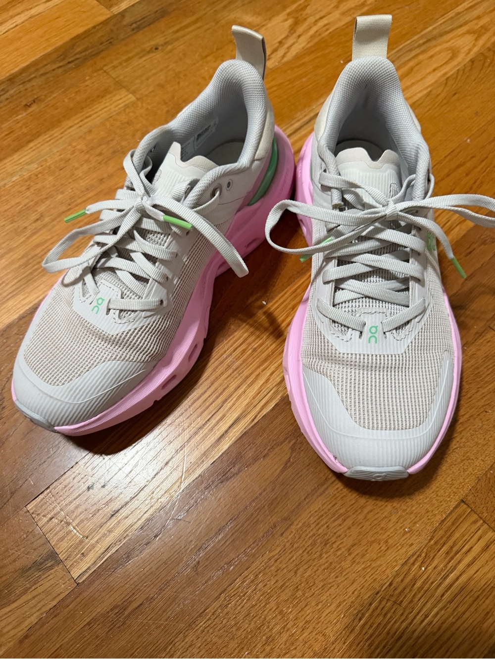 On Cloud Women's Sneakers in Light Beige/Gray upper with Pink/Green Accents